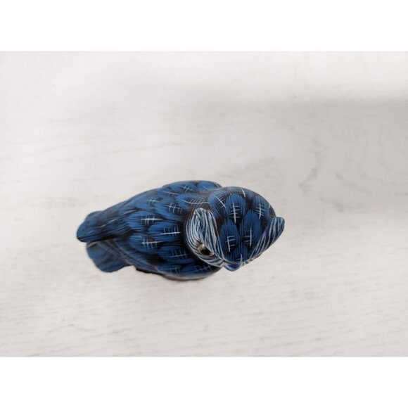 Vintage 1988 Enesco Hand Painted Ceramic Blue Owl Figurine Mounted On Wood Decor - Picture 3 of 9